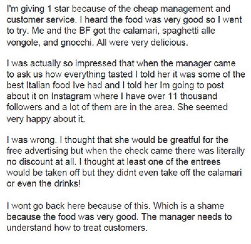 super entitled people - sex story text - I'm giving 1 star because of the cheap management and customer service. I heard the food was very good so I went to try. Me and the Bf got the calamari, spaghetti alle vongole, and gnocchi. All were very delicious.