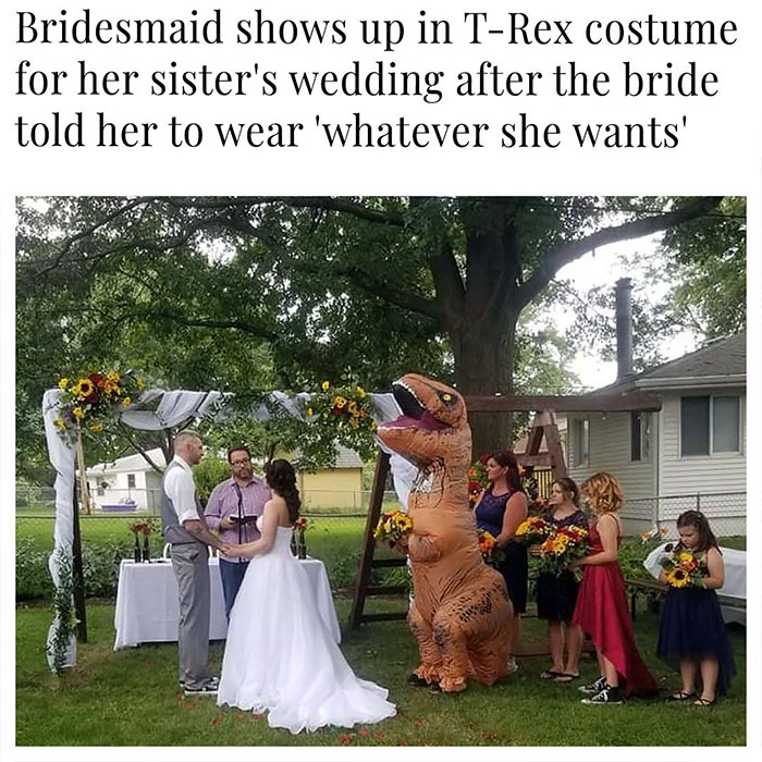 t rex bridesmaid - Bridesmaid shows up in TRex costume for her sister's wedding after the bride told her to wear 'whatever she wants'