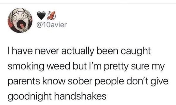 mexico we don t say - I have never actually been caught smoking weed but I'm pretty sure my parents know sober people don't give goodnight handshakes