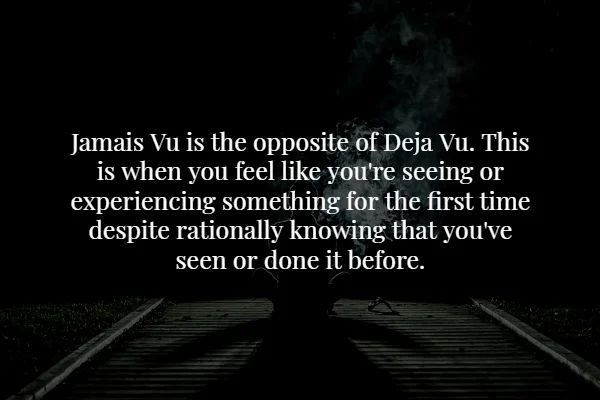 darkness - Jamais Vu is the opposite of Deja Vu. This is when you feel you're seeing or experiencing something for the first time despite rationally knowing that you've seen or done it before.