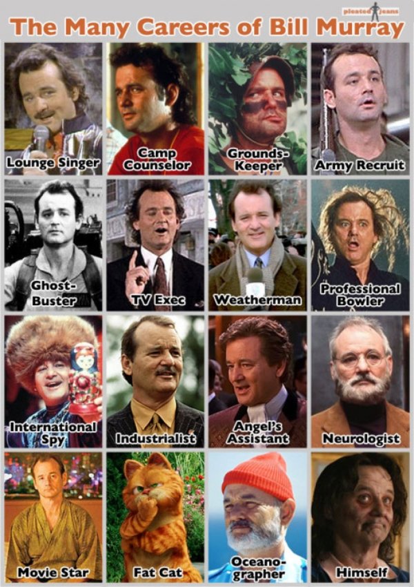 many careers of bill murray - lences The Many Careers of Bill Murray Lounge Singer Camp Counselor Grounds Keeper Army Recruit Ghost Buster Tv Exec Weatherman Professional Bowler International Spy Industrialist Angel's Assistant Neurologist Movie Star Fat 