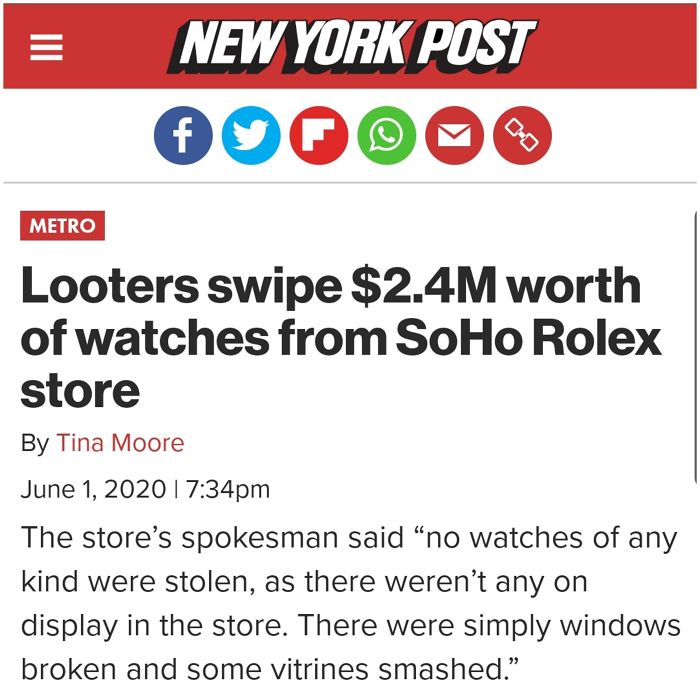 new york post - New York Post 00 fyr Metro Looters swipe $2.4M worth of watches from SoHo Rolex store By Tina Moore pm The store's spokesman said no watches of any kind were stolen, as there weren't any on display in the store. There were simply windows b