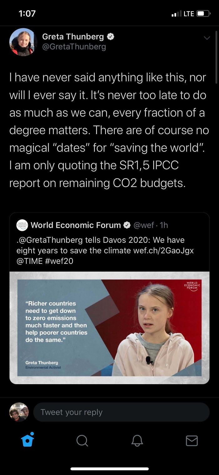 screenshot - u Lte Greta Thunberg Thave never said anything this, nor will I ever say it. It's never too late to do as much as we can, every fraction of a degree matters. There are of course no magical "dates" for "saving the world". Tam only quoting the 