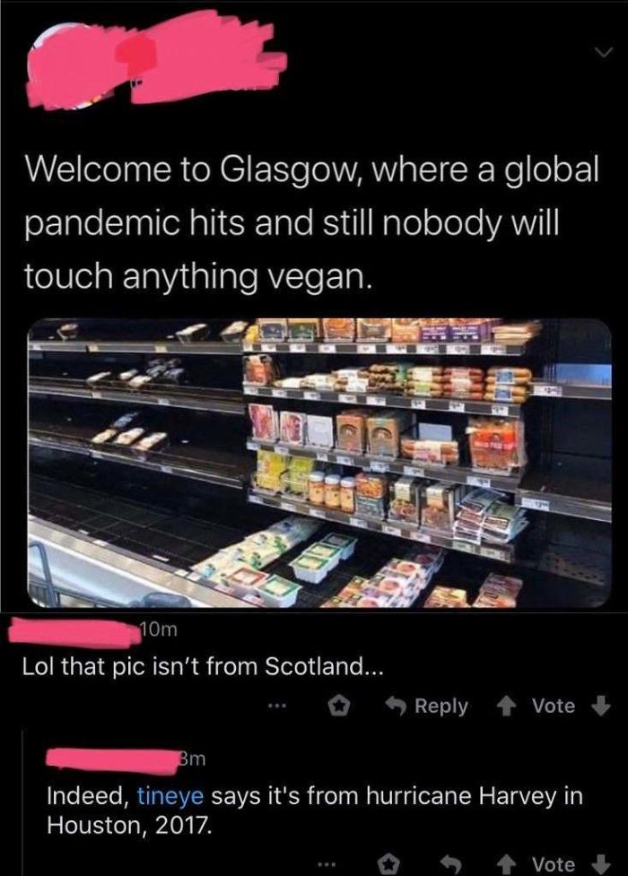 panic buy vegan - Welcome to Glasgow, where a global pandemic hits and still nobody will touch anything vegan. 10m Lol that pic isn't from Scotland... Vote Bm Indeed, tineye says it's from hurricane Harvey in Houston, 2017. Vote