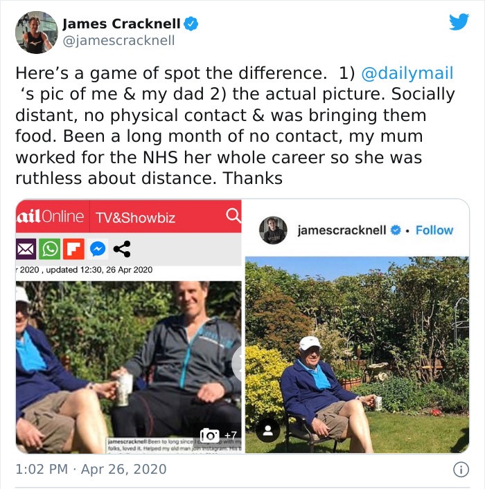 social distancing photoshopped - James Cracknell Here's a game of spot the difference. 1 's pic of me & my dad 2 the actual picture. Socially distant, no physical contact & was bringing them food. Been a long month of no contact, my mum worked for the Nhs
