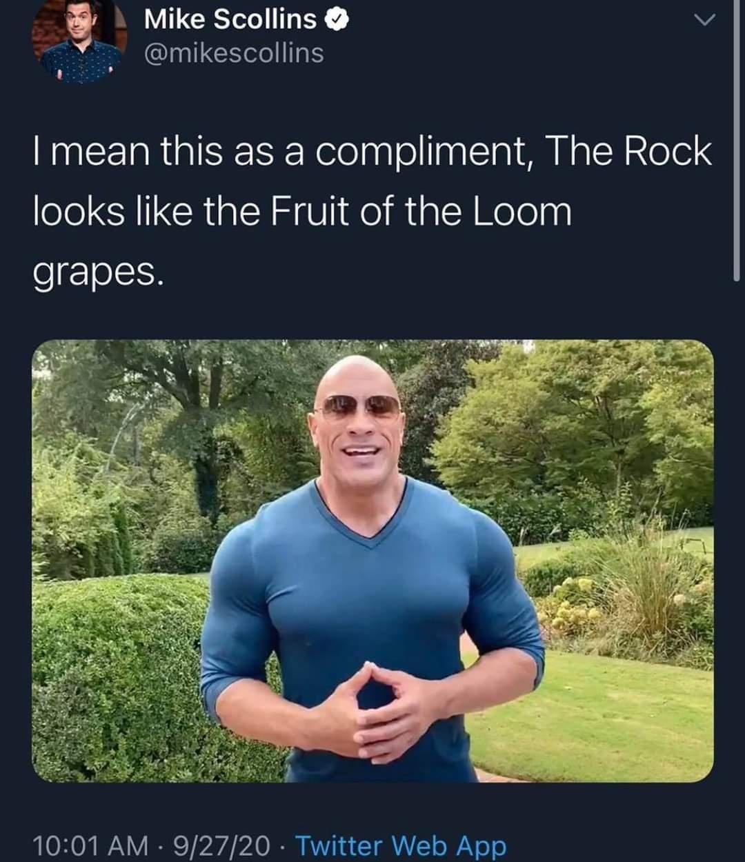 Joe Biden - Mike Scollins I mean this as a compliment, The Rock looks the Fruit of the Loom grapes. 92720 Twitter Web App