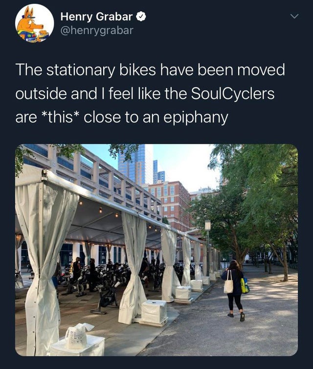 urban design - Henry Grabar The stationary bikes have been moved outside and I feel the SoulCyclers are this close to an epiphany G