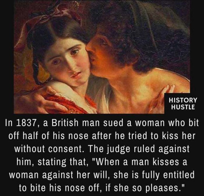 nice guy memes - History Hustle In 1837, a British man sued a woman who bit off half of his nose after he tried to kiss her without consent. The judge ruled against him, stating that,
