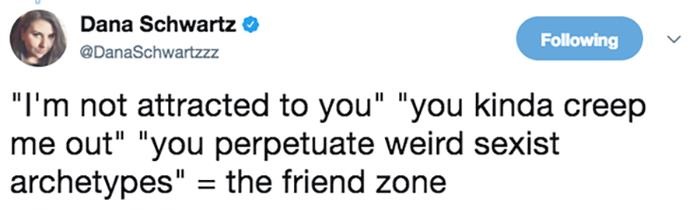 diagram - Dana Schwartz ing "I'm not attracted to you" "you kinda creep me out" "you perpetuate weird sexist archetypes" the friend zone