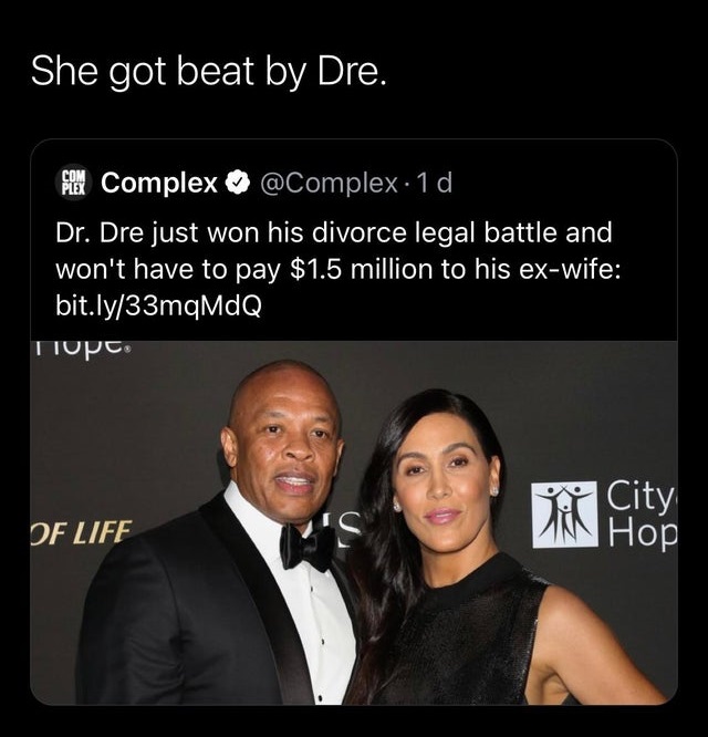 dr dre nicole young - She got beat by Dre. of the Complex 1 d. Dr. Dre just won his divorce legal battle and won't have to pay $1.5 million to his exwife bit.ly33mqMdQ Tiopc. 0 City Of Life