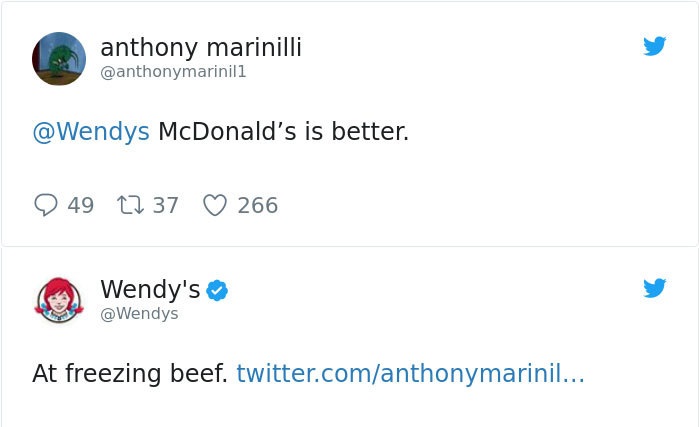 online advertising - anthony marinilli McDonald's is better. 49 22 37 22 37 266 Wendy's At freezing beef. twitter.comanthonymarinil...