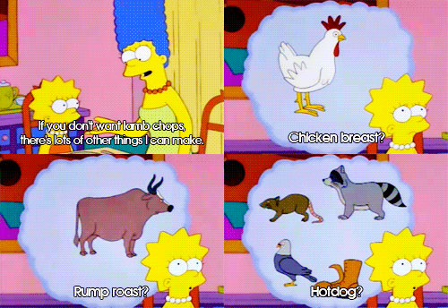 funny work memes - the simpsons lisa thinking about which animals make a hot dog
