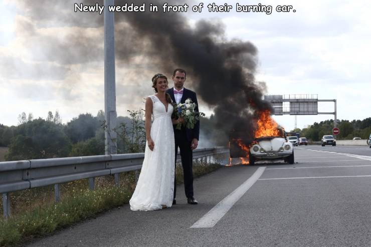 people my age me - Newly wedded in front of their burning car. 72541