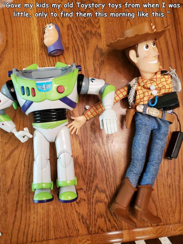 toy - "Gave my kids my old Toystory toys from when I was little, only to find them this morning this." Lo