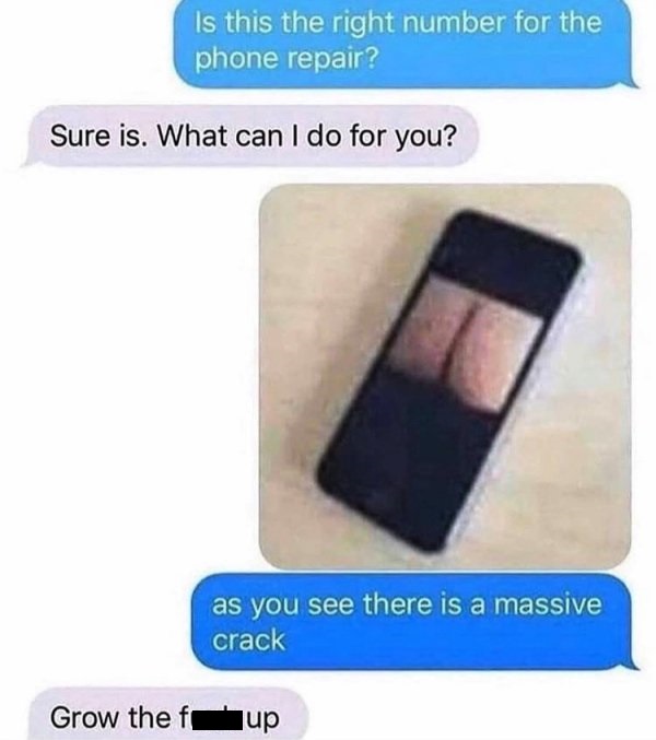 technically correct and funny comments - Is this the right number for the phone repair? Sure is. What can I do for you? as you see there is a massive crack Grow the fuck up
