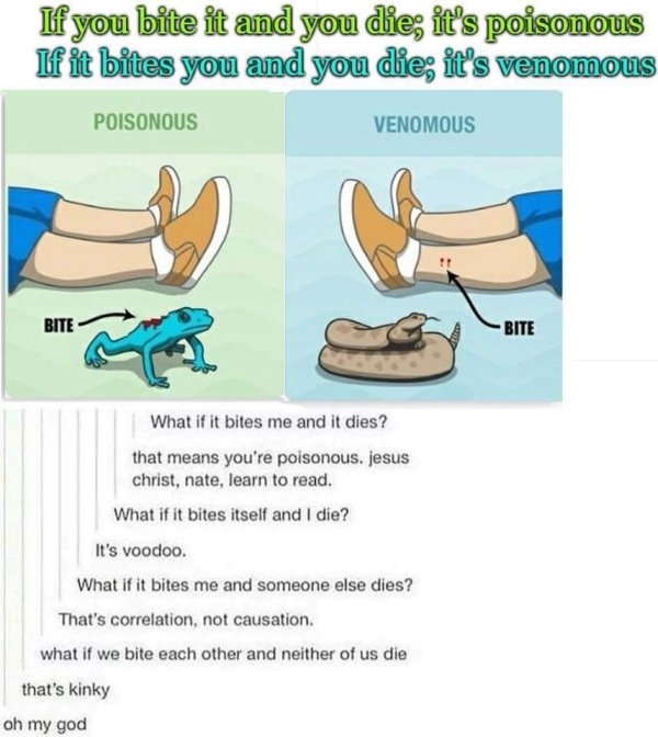 technically correct and funny comments - If you bite it and you die; it's poisonous If it bites you and you die; it's venomous Poisonous Venomous Bite Bite What if it bites me and it dies? that means you're poisonous. jesus christ, nate, learn to read. Wh