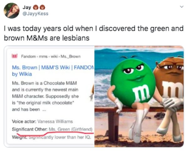 ms brown m&m - Jay Oo I was today years old when I discovered the green and brown M&Ms are lesbians Fandommms wiki Ms. Brown Ms. Brown | M&M'S Wiki | Fandon by Wikia Ms. Brown is a Chocolate M&M and is currently the newest main M&M character. Supposedly s