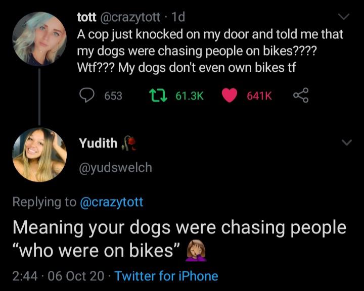 A cop just knocked on my door and told me that my dogs were chasing people on bikes???? Wtf??? My dogs don't even own bikes tf - Yudith, Meaning your dogs were chasing people on bikes