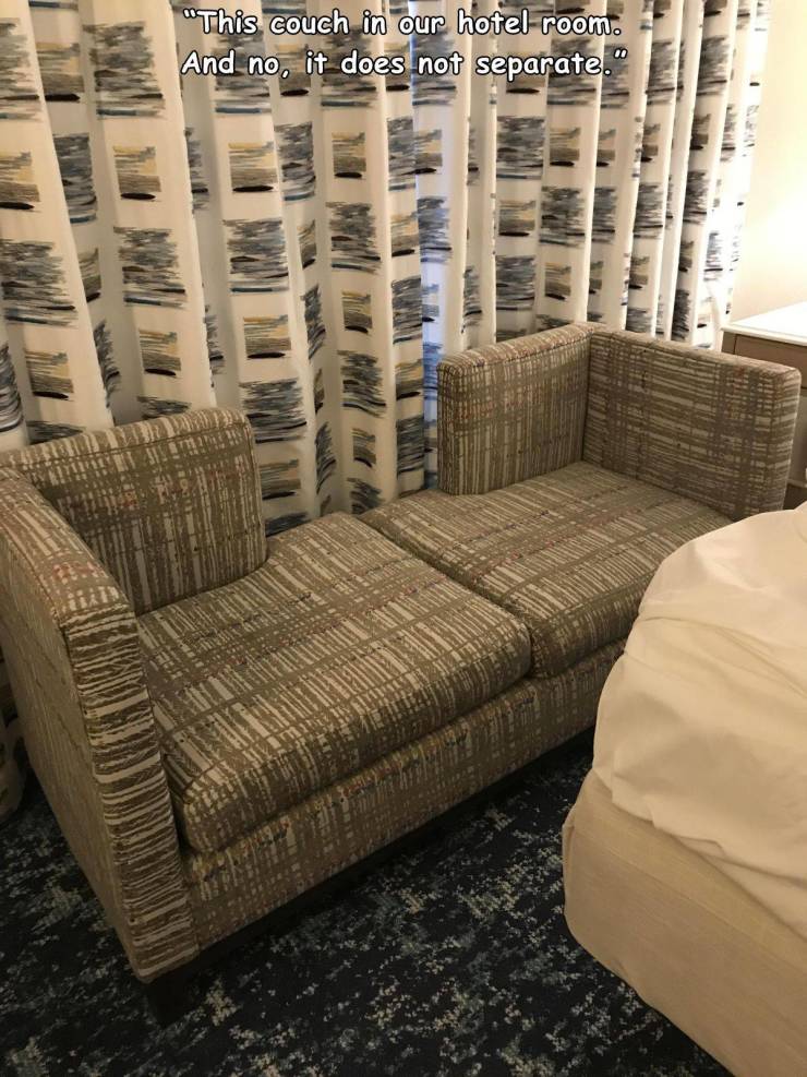 chair - "This couch in our hotel room. And no, it does not separate."