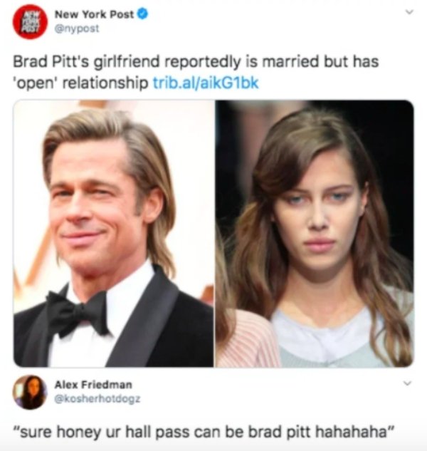 brad pitt nicole poturalski - New York Post Brad Pitt's girlfriend reportedly is married but has 'open' relationship trib.alaikG1bk Alex Friedman "sure honey ur hall pass can be brad pitt hahahaha"