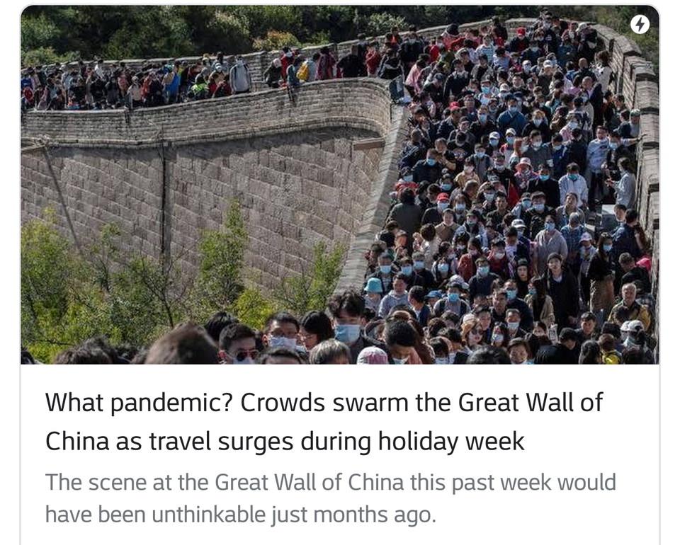 Great Wall of China - What pandemic? Crowds swarm the Great Wall of China as travel surges during holiday week The scene at the Great Wall of China this past week would have been unthinkable just months ago.
