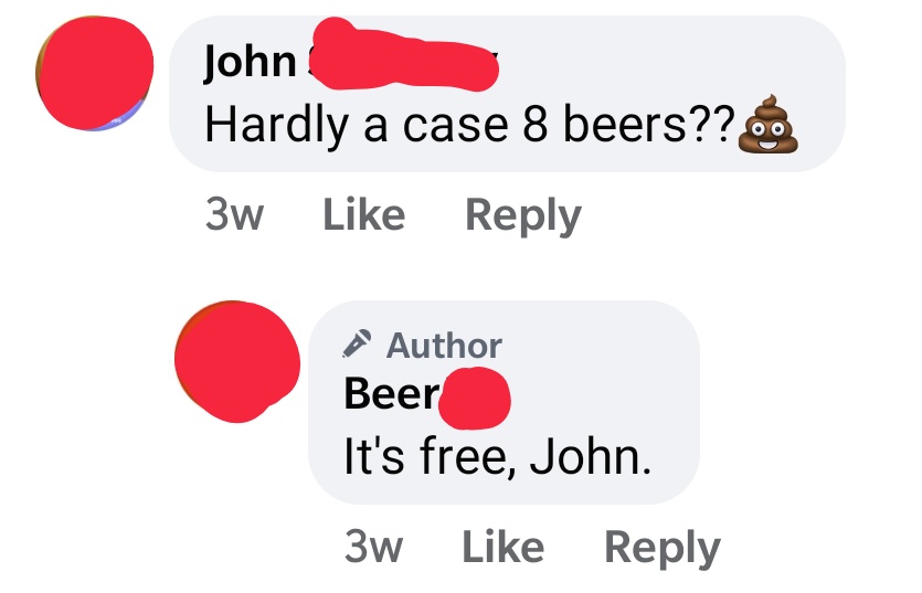 super entitled people - diagram - John Hardly a case 8 beers??.. 3W A Author Beer It's free, John. 3w