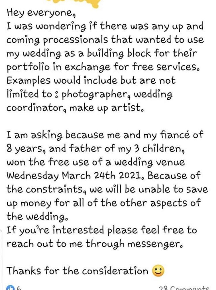 super entitled people - new york city - Hey everyone, I was wondering if there was any up and coming processionals that wanted to use my wedding as a building block for their portfolio in exchange for free services. Examples would include but are not limi