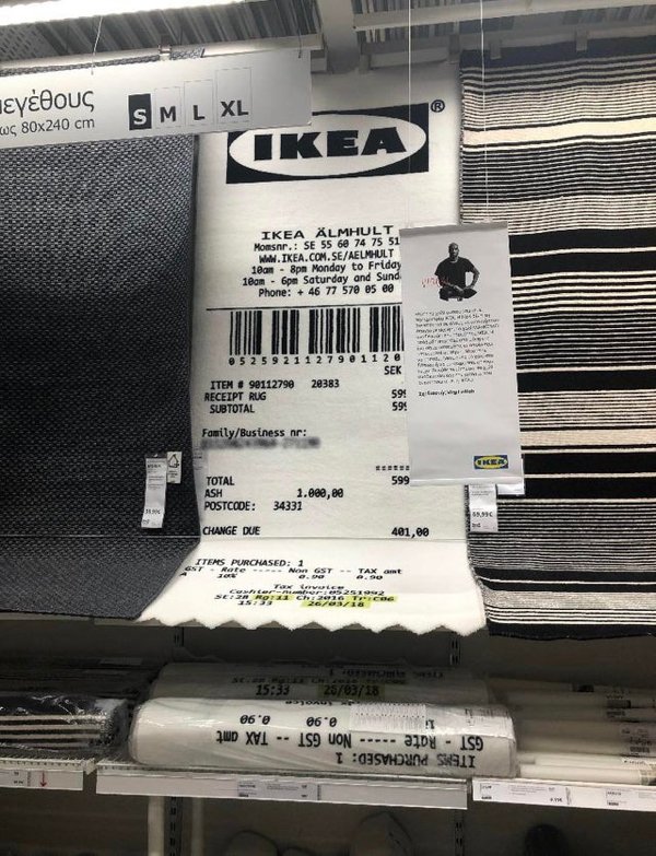 massive things -  ikea receipt rug - Kco 80x240 cm Sml Xl Ikea Ikea Lmhult Momsnr. Se 55 60 74 75 51 1ean 8pm Monday to Friday 180m 6pm Saturday and Sund Phone 46 77 570 es ee . . b @ 5 2 5 9 2 1 1 2 7 9 11 28 Sek Item . 90112790 28383 Receipt Rug 59! Sub