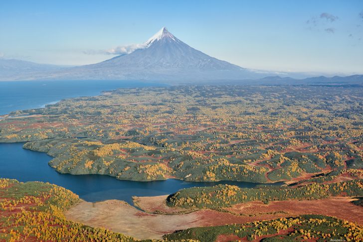 “Kamchatka Peninsula. In order to understand the scope of the photo, take into account that the yellow spots in the photo are big birch trees while the ‘green grasses’ are thickets of cedar.”