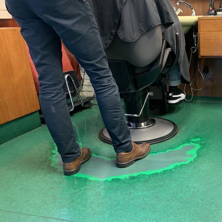 “The floor at my hairdresser. He’s always worked alone and uses only one of the chairs.”