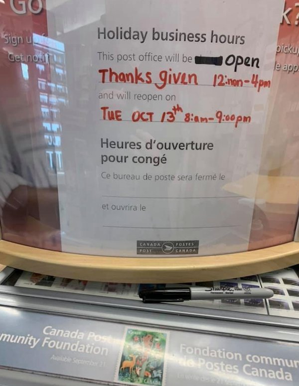 glass - Sign u ki Holiday business hours This post office will be open e app Thanks given 12non4pm picku Get notit and will reopen on Tue Oct 13 8ampm Heures d'ouverture pour cong Ce bureau de poste sera ferm le et ouvrira le Canada Post Postes Canara wap