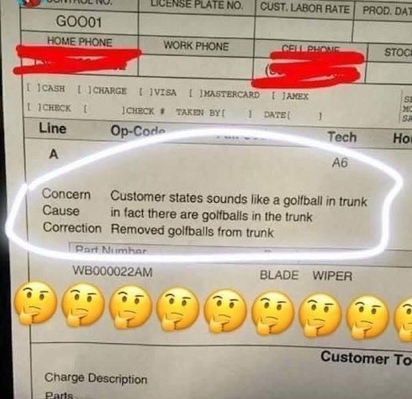 noise when going over bumps - Se Plate No. Cust. Labor Rate Prod. Dat GO001 Home Phone Work Phone Cell Phong Stoci I Cash Charge Visa Mastercard Amex I Check Check Taken By 1 Date Line OpCode Se Mc Sa 3 Tech Ho! A6 Concern Customer states sounds a golfbal