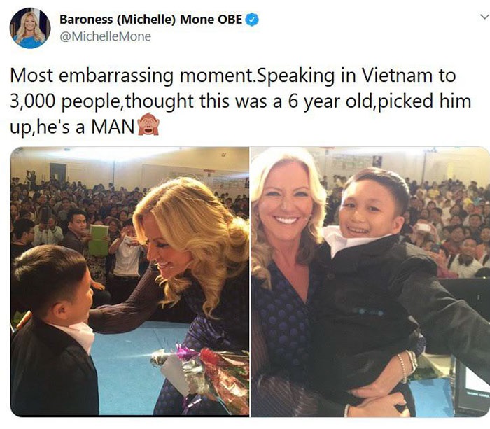 michelle mone picking up man - Baroness Michelle Mone Obe Most embarrassing moment. Speaking in Vietnam to 3,000 people, thought this was a 6 year old, picked him up, he's a Man