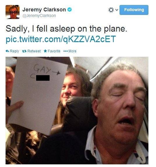 jeremy clarkson asleep - Jeremy Clarkson ing Sadly, I fell asleep on the plane. pic.twitter.comqKZZVA2CET t3 Retweet Favorite ... More Gay