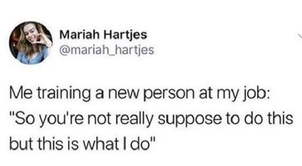work memes - funny memes funny twitter tweets 2018 - Mariah Hartjes Me training a new person at my job "So you're not really suppose to do this but this is what I do"