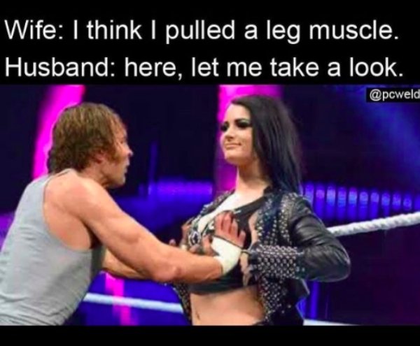 dean ambrose touches paige's boobs - Wife I think I pulled a leg muscle. Husband here, let me take a look.