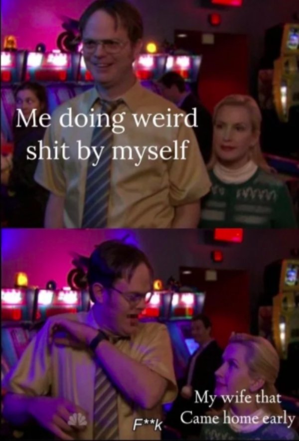 dwight schrute angela meme - Me doing weird shit by myself My wife that Came home early Fk