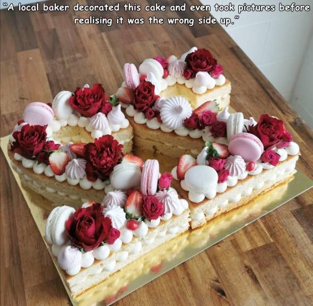 whipped cream - "A local baker decorated this cake and even took pictures before realising it was the wrong side up. 00