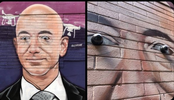 funny meme - creepy jeff bezos security camera graffiti eyes