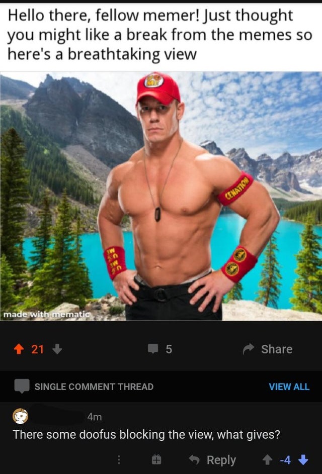 muscle - Hello there, fellow memer! Just thought you might a break from the memes so here's a breathtaking view Cenation w in made with mematic 21 5 Single Comment Thread View All 4m There some doofus blocking the view, what gives? 14