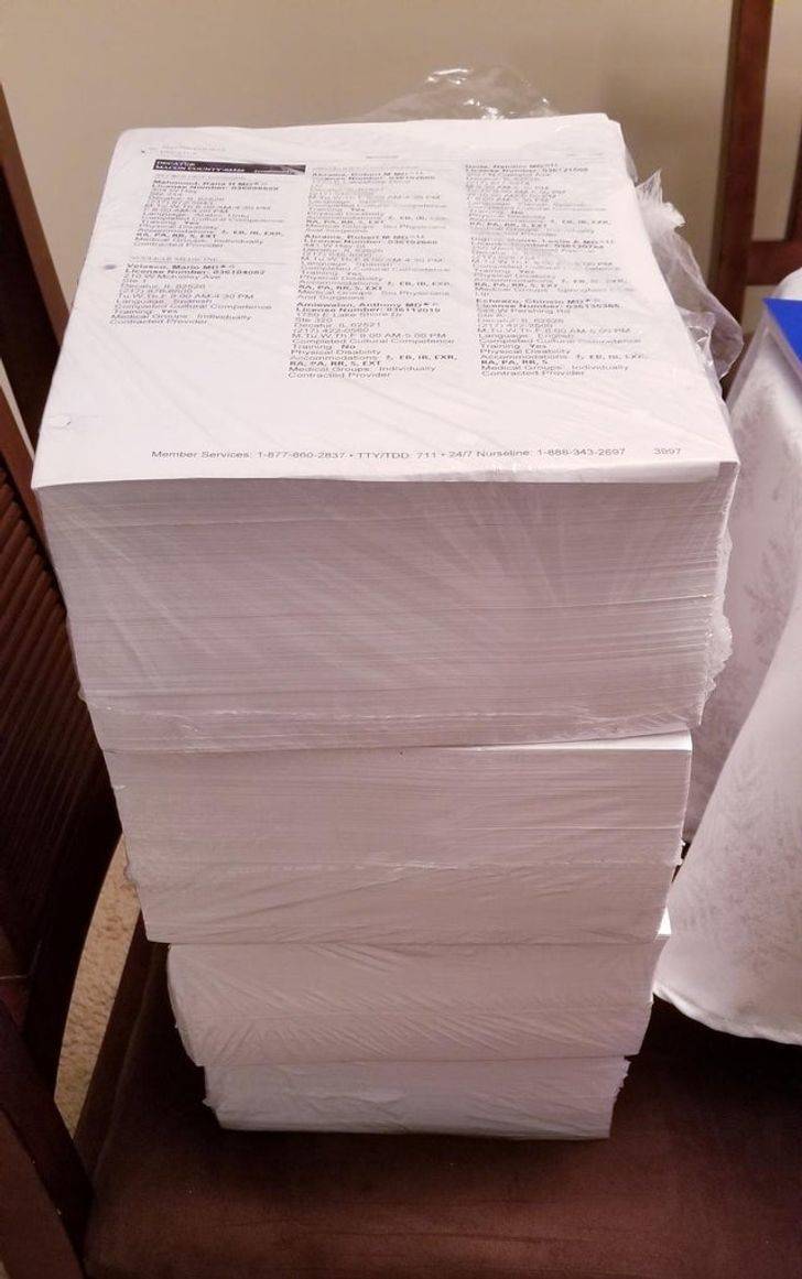 enormous pile of paper mailed from insurance company