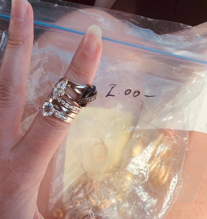 “I found 2 gold and 3 sterling silver rings in this $2.00 bag at an estate sale today! Lucky days happen!”