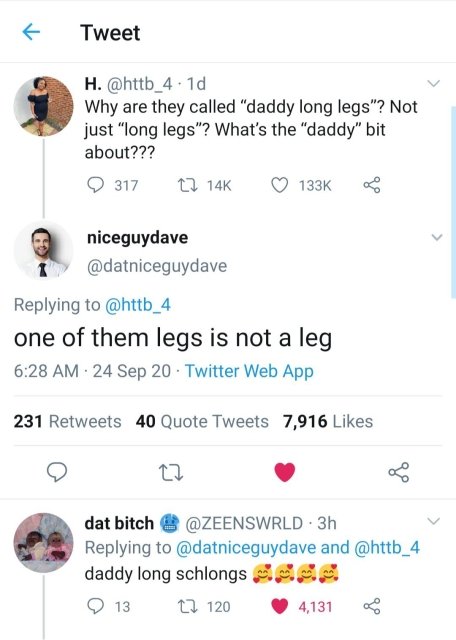 body jewelry - Tweet H. .10 Why are they called "daddy long legs"? Not just "long legs"? What's the "daddy" bit about??? 317 niceguydave one of them legs is not a leg 24 Sep 20 Twitter Web App 231 40 Quote Tweets 7,916 27 dat bitch .3h and daddy long schl