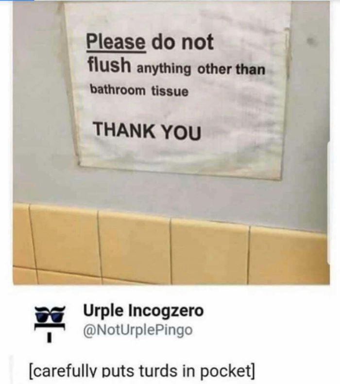 material - Please do not flush anything other than bathroom tissue Thank You w Urple Incogzero carefully puts turds in pocket