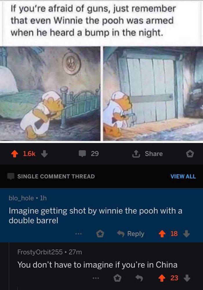 winnie the pooh gun meme - If you're afraid of guns, just remember that even Winnie the pooh was armed when he heard a bump in the night. 29 1 Single Comment Thread View All blo_hole. lh Imagine getting shot by winnie the pooh with a double barrel 18 Fros