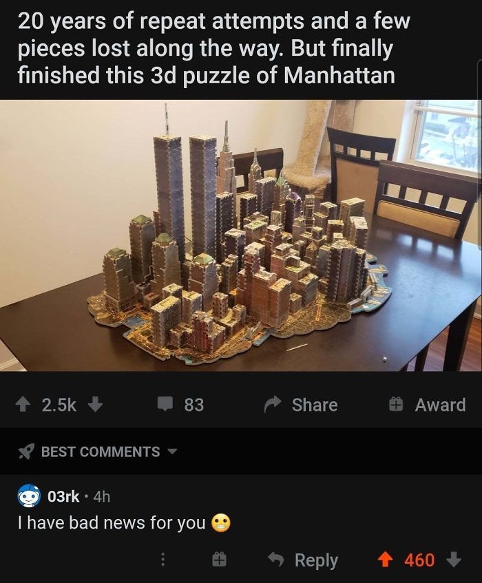 9 11 cursedcomments - 20 years of repeat attempts and a few pieces lost along the way. But finally finished this 3d puzzle of Manhattan 1 83 # Award Best 03rk. 4h I have bad news for you Gt 460