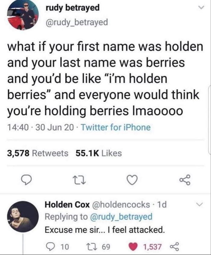 holden cox - rudy betrayed what if your first name was holden and your last name was berries and you'd be "i'm holden berries" and everyone would think you're holding berries Imaoooo . 30 Jun 20 Twitter for iPhone 3,578 od Holden Cox . 1d Excuse me sir...