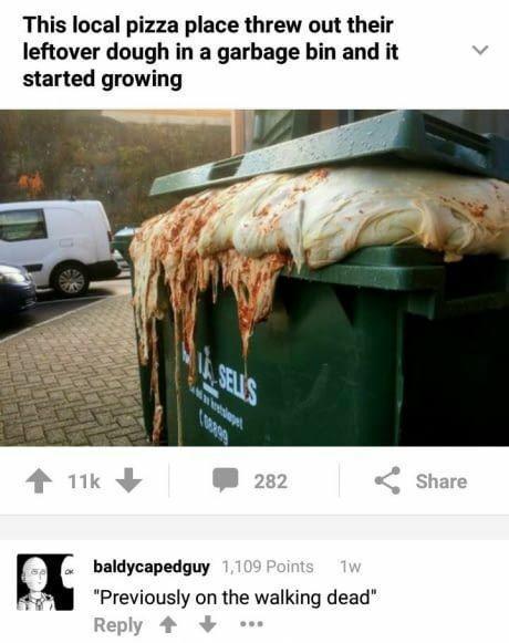 pizza dough garbage - This local pizza place threw out their leftover dough in a garbage bin and it started growing > 11k 282 baldycapedguy 1,109 Points Tw "Previously on the walking dead"