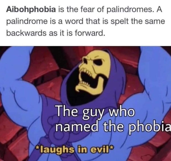 skeletor he man - Aibohphobia is the fear of palindromes. A palindrome is a word that is spelt the same backwards as it is forward. 4a The guy who named the phobia laughs in evil