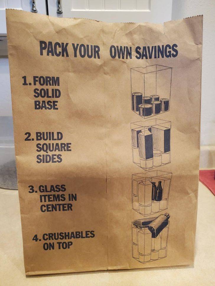 "The instructions on this paper bag show the best way to pack the goods."